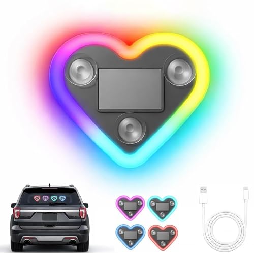 Yokqexz Heart Shape Car LED Lights, Solar & USB Rechargeable Auto Atmosphere Lamp with Light Sensor, 8 Color Modes, Easy Suction Cup for Windshield Decoration, Romantic Gift for Her/Him