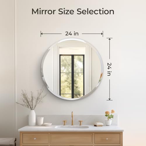 Image of Frameless Round Bathroom Mirror 24 inch | Circle Vanity Mirror for Wall Decor, with Beveled Edge, for Bathroom, Living Room, Entryway, Modern & Elegant Look