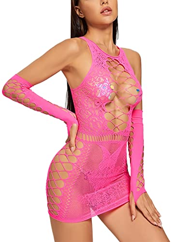 Image of Xs and Os Women's Net Solid Above Knee Babydoll Bodysuit Lingerie