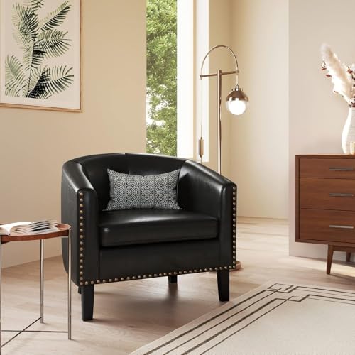 Image of BELLEZE Accent Barrel Chair Set of 2, Modern Faux Leather Tub Club Chair Upholstered Armchair with Gold Nail Head Trim and Black Legs for Living Room Bedroom Apartment Lounge - Black