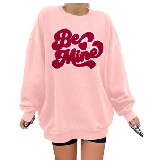 VILOVE Valentines Sweatshirts for Women Be Mine Glitter Patch Valentine Shirts Oversized Love Heart Sweater Holiday Outfits Peach Pink