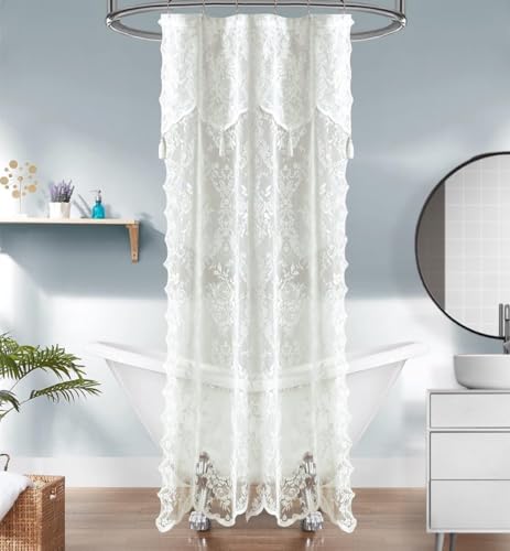 Warm Home Designs Ivory Stall Shower Curtain 36 x 72 Inches with Attached Valance & 4 Tassels. Luxury Lace Small Shower Curtain for the Bathroom or RV Shower Curtain. LA Ivory 36