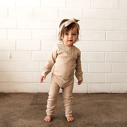 Infant Boys Girls Clothes Set Newborn Baby Romper Hat Ribbed Knit Long Sleeve Button Solid Bodysuit Jumpsuit (Beige, 0-3 Months) #TOP1