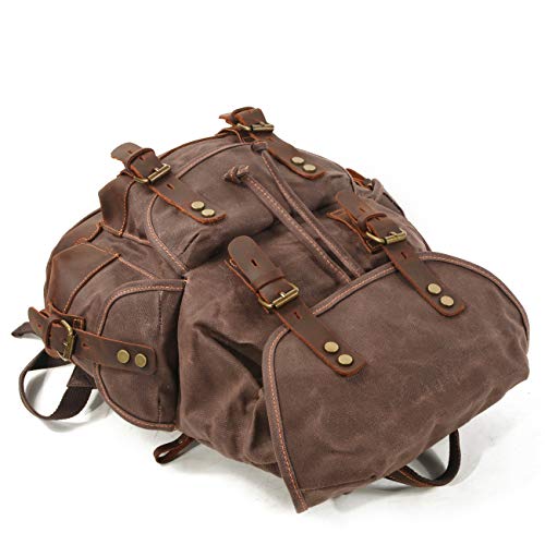 WUDON Men Travel Backpack, Genuine Leather-Waxed Canvas Shoulder Hiking Rucksack4