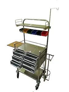 P.M.P.S. Stainless Steel Crash Cart I Dental Instrument Trolley with Saline Pole,Caster Wheels & Detachable Oxygen Cylinder Holder