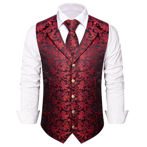Mens Suit Vest 4PC Silk Paisley Vest with Necktie Pocket Square Cufflinks Formal Woven Waistcoat for Suit Tuxedo2