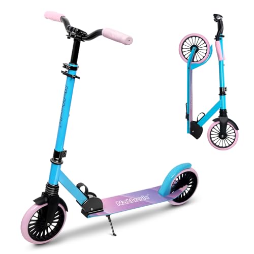 Nattork Kick Scooter for Age 6+ Kids Teens Adults, Max Load 240 LBS, Adjustable Height Foldable with 8" Large Wheels, Anti-Shock Suspension A-Blue