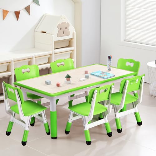 GarveeHome Kids Table and 6 Chair Set - Height Adjustable, Multifunctional Desk, Ergonomically Designed Chairs, Max 300 LBS, for Ages 2-10, Classroom,