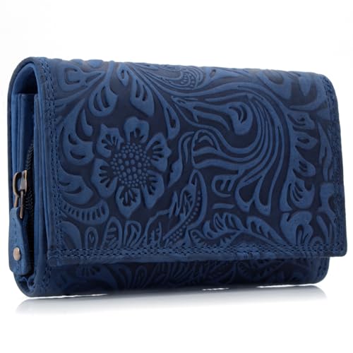 ekavale Damen Leder-Geldbörse mit Blumenmotiv und RFID-Blockierung, Portemonnaie Langformat mit Druckknopfverschluss (Navy)