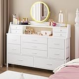 Fixwal White Dresser for Bedroom with 13 Drawers, Fabric Chest of Drawers with PU Finish for Kids, Girls, Adults, Nursery, Living Room, Closet, Entryway, Hallway (No LED Lights)
