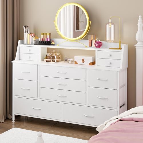 Fixwal White Dresser for Bedroom with 13 Drawers, Fabric Chest of Drawers with PU Finish for Kids, Girls, Adults, Nursery, Living Room, Closet, Entryway, Hallway (No LED Lights