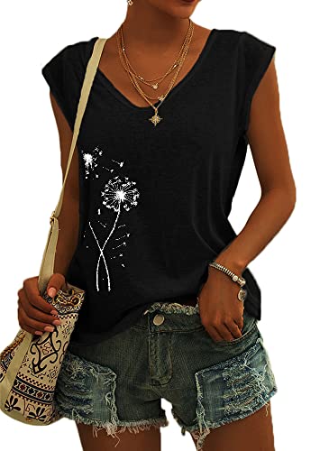 Womens V Neck Cap Sleeve Tank Tops Dandelion Casual Loose Fit Basic Tshirts X-Large
