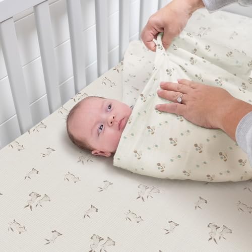 Image of Crane Baby 100% Organic Cotton Gender Neutral Animal Nursery Bedding, Fitted Sheet, Soft Breathable GOTS Certified Cotton, Bunny Crib Sheet