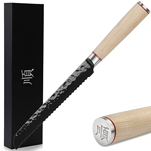 YOUSUNLONG Cuchillo de pan - 203 mm - Cuchillo de pan dentado - Acero japonés AUS8 Recubrimiento de titanio negro - Mango de madera de arce canadiense - Cuchillo para cortar pan en casa
