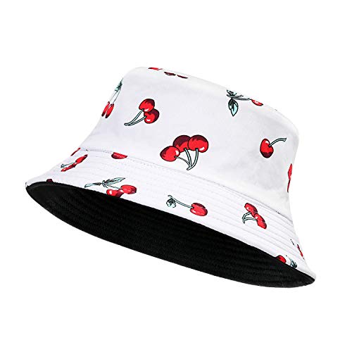 Feximzl Print Cotton Packable Summer Travel Bucket Beach Sun Hat Fruit Flower Pattern Hat, 2.cherry White, One size