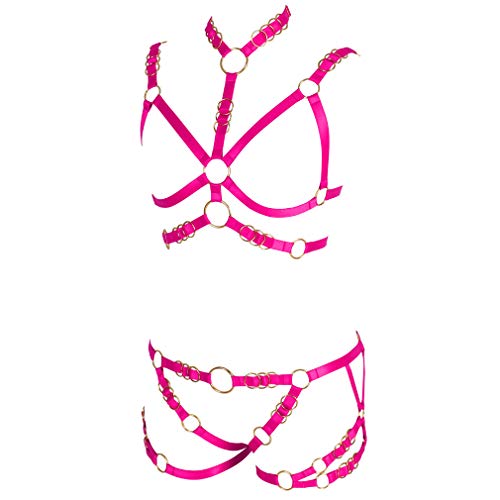 Women's Full Body Harness Bra Lingerie Cage Set Garter Belt Punk Gothic Chest Straps Festival Rave Plus Size (Rose Red) #TOP3