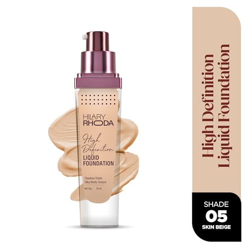 Image of Hilary Rhoda High Definition Foundation for Women | Hides Pores & Blemishes | HD Foundation For All Skin Types | Blendable Formula | Natural & Matte Finish | High Coverage Liquid Foundation - 33ml (Skin Beige - Shade 05)