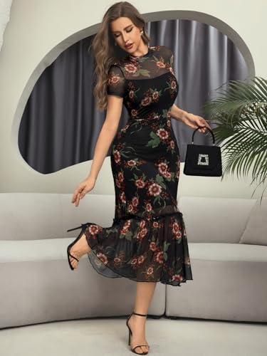 Image of GothDark Women's Summer Floral Mesh Ruffle Dress Short Sleeve Round Neck Waist Cinched Casual Maxi Wedding Guest Dresses