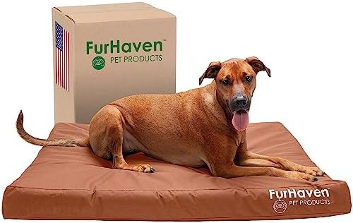 Furhaven Water-Resistant Orthopedic Dog Bed for Large Dogs w/Removable Washable Cover, for Dogs Up to 95 lbs - Indoor/Outdoor Logo Print Oxford Polycanvas Mattress - Chestnut, Jumbo/XL
