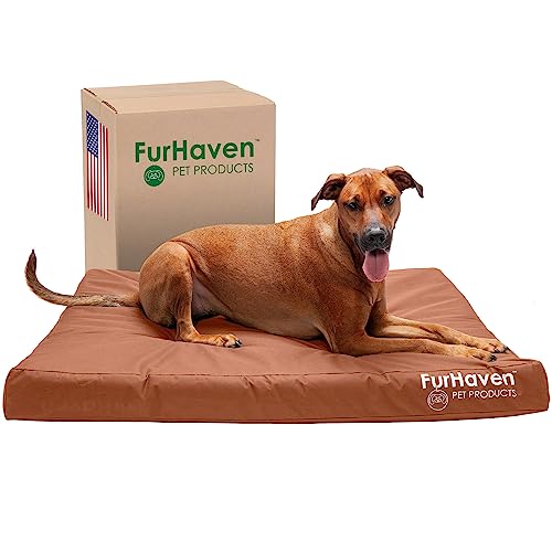 Image of Furhaven Water-Resistant Orthopedic Dog Bed for Large Dogs w / Removable Washable Cover, For Dogs Up to 95 lbs - Indoor /Outdoor Logo Print Oxford Polycanvas Mattress - Chestnut, Jumbo /XL