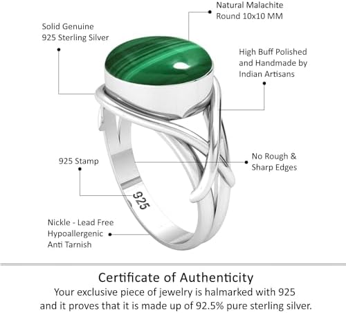 JEWELOPORIUM Green Malachite Silver Ring Size 13, 925 Sterling Silver Ring for Women, Real Round Gemstone Boho Jewelry - 3