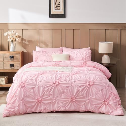 Image of Pink Comforter Set King Size Bed in A Bag 7 Piece Pinch Pleat Bedding Set,Pintuck Ruched Flowers Bed Set with Comforter, Sheets, Pillowcases & Shams