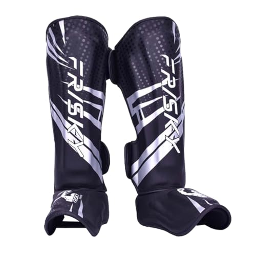 Muay Thai Shin Guards, Shin Guards, Boxing Equipment, Leg Protectors, Instep Shin Guards for Arts, Grappling, Taekwondo, L Silver Black