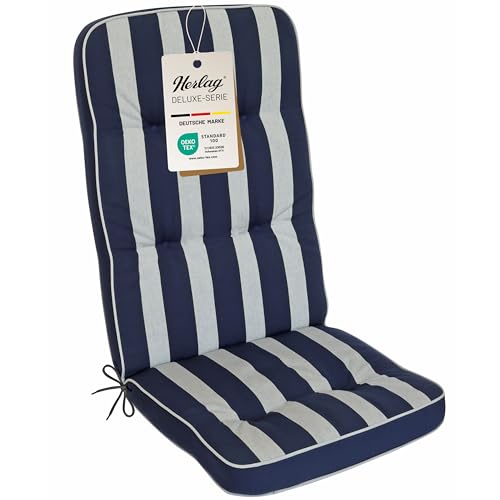 Herlag Hochlehner-Polsterauflage Tilly 123x50x7cm | Stuhlauflage Blockstreifen 7cm | Auflage Hochlehner-Gartenstuhl | Deluxe-Serie extra hoher Komfort | Öko Tex 100 | Blau-Gestreift