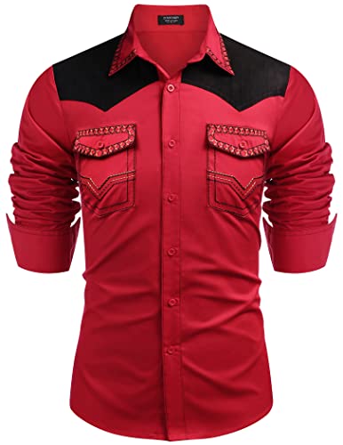 COOFANDY Mens Shirt Western Cowboy Embroidered Long Sleeve Slim Fit Casual Cotton Button Down Hippie with Pockets, Red, XX-Large, Long Sleeve