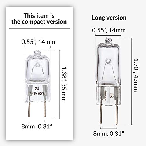Simba Lighting Halogen Light Bulb G8 T4 20W JCD Bi-Pin (10 Pack) Shorter 1-3/8" (1.38") Length for Under Cabinet Puck Lights, Kitchen Hood, Landscape Lights, Desk Lamps 120V Dimmable, 2700K Warm White — view 6