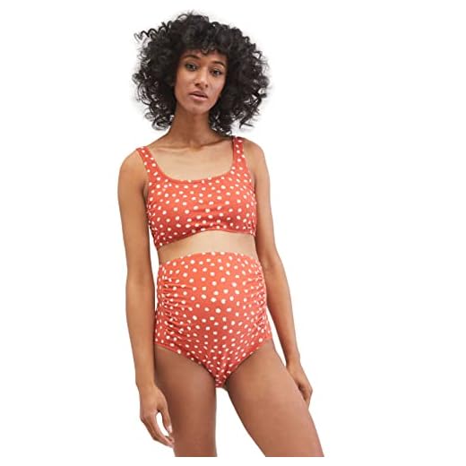 Motherhood Maternity Women's Standard Beach Bump 2 Piece Swimsuit Set UPF 50+ Pregnancy Swimwear, Orange Dot, Large