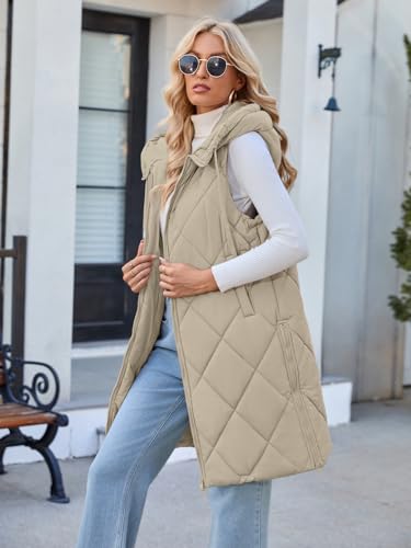 MEROKEETY Womens Sleeveless Quilted Long Puffer Vest Hooded Full Zip Jacket Coats with Pockets2