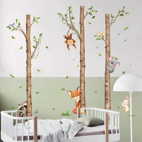 Image of Large Birch Tree and Jungle Animals Wall Decals, Cartoon Fox Money Loala Raccoon Wall Stickers Peel and Stick Wall Decal Waterproof Wall Art Sticker for Baby Nursery Kids Room Home Decor (H: 63 in)
