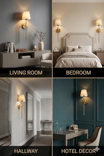 Image of Sinoman Wall Lights for Home Decoration | Classic Antique Brass Wall Sconce with Fabric Shade| Elegant Light Decorative Wall Fixture for Living Room & Bedroom | Vintage Metal Wall Light (Without Bulb)