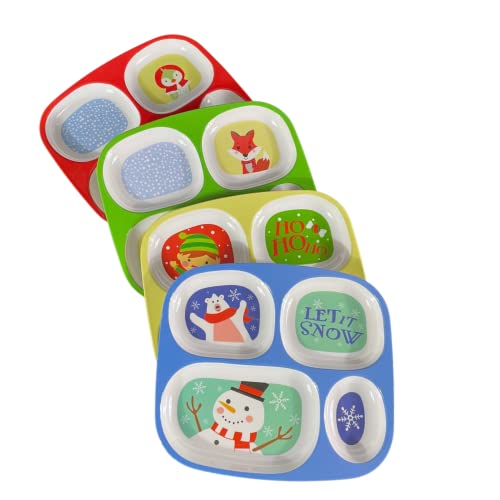 4E's Novelty Christmas Dinnerware Divided Plates For Kids (Set Of 4) Melamine Plastic Bpa Free Sectional Holiday Dinner Plates, Christmas Dishes For Kids - Top Rack Dishwasher Safe #TOP1