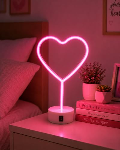 Image of Quace Heart Neon Light Pink LED Lamp for Room Decor, Dual Power USB & 3 AA Batteries, Romantic Heart Shape Night Light for Bedroom, Girls Room Decor, Desk Decor, Valentine's Gift, Birthday Gift