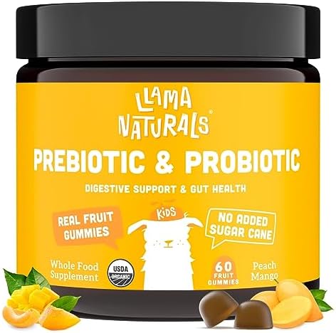 Real Fruit Prebiotic & Probiotic Gummies for Kids, No Added Sugar Cane, Vegan, Organic Synbiotics for Children, Toddlers - Digestion, Tummy Aches, Gut Health, 2B CFU, 60 Count (30 Days) (Peach Mango)