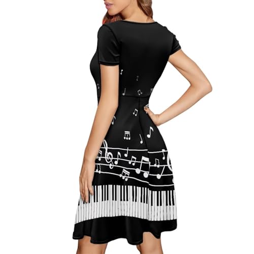 Image of POLERO Women Puffy Swing Elegant Party Midi Dresses Short Sleeve Round Neck A-Line Dress
