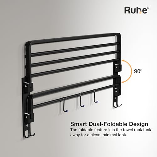 Image of Ruhe Dual Folding Towel Rack, Black | Premium Grade Stainless Steel Dual Folding Towel Rack /Towel Holder /Towel Stand /Accessories for Bathroom and Kitchen | (24 Inches)