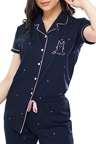Image of ZEYO Women's Cotton Dot Printed Korean Night Suit Set of Shirt & Pajama Set (Available in Plus Size)