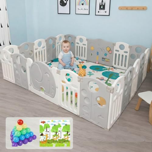 Image of 20 panel Playpen for Babies upto 5 year with Mat and Balls Foldable Baby Play Area Indoor Setup Play Yard Fence for Toddlers Kids Playarea Setup Outdoor Children Play Pen with Gate Baby Playpen (7* 6 ft=42 SQFT, Grey)