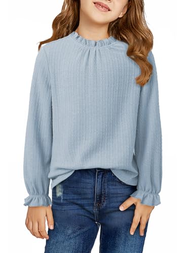 DOKOTOO KIDS Girls Tops Fall Casual Long Sleeve Shirts Ruffle Crewneck Knit Cute Shirt 2025 Trendy Back to School Tee Tween Girl Fashion Dressy Blouses Comfort Puff Clothes Blue 10-11 Years