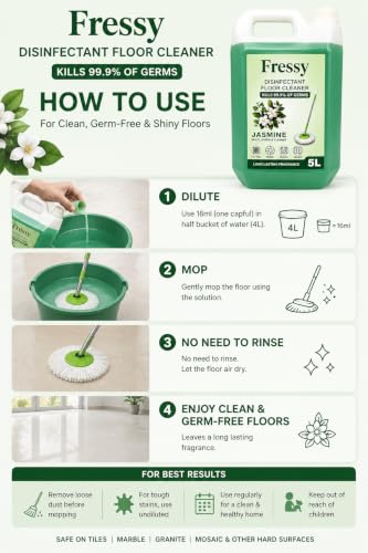 Image of FRESSY Disinfectant Floor Cleaner Liquid 5L - Jasmine Bloom Multi-Surface Cleaner for Bathroom, Tiles, Marble, Granite & Mosaic | Kills 99.9% Germs | Long Lasting Fragrance