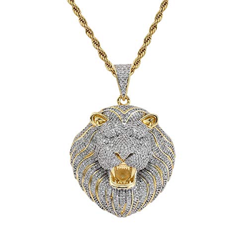 Hip Hop Iced Out Lion Pendant Gold Plated Lab Diamond Necklace with Rope Chain for Men Women