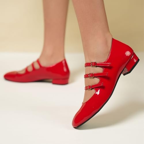 Image of Theater Kelly Jr Women Mary Jane Flats | Triple Buckle Strap Square Toe Shoes | Comfortable & Stylish for Formal and Casual Fashion