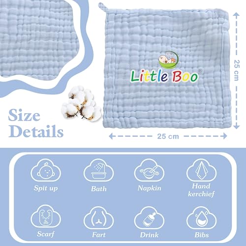 Image of Little Boo Muslin 6 Layer Organic Cotton Face Towels for Newborn Baby Extra Soft Hankies Reusable Napkins for Infants Toddlers /Kids (Pack of 5). Multicolor