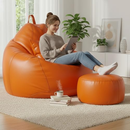 Image of KAM'S LIEU Leatherette Bean Bag Chair with Footrest | Filled with EPS Beans | Comfortable Sofa for Living Room & Bedroom | 4XL Size, Easy to Clean Color- (Orange)