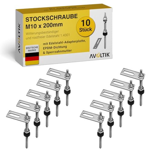 Avoltik Stockschrauben Edelstahl M10 x 200 mm mit Adapterblech I 10 Stück I wetterfeste M10 Stockschrauben mit Dichtung & Sperrzahnmutter