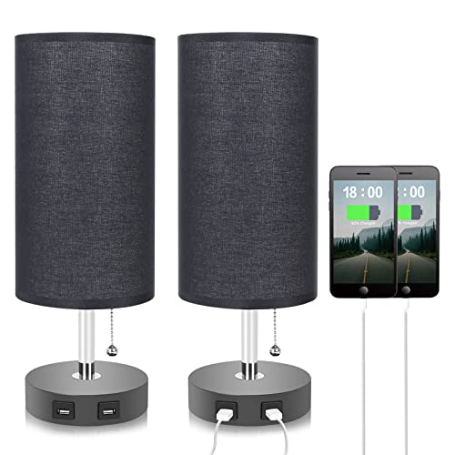 Black Lamps for Bedrooms Set of 2, Seealle Black Table Lamps with Dual USB Ports, Bedside Nightstand Desk Lamps for Bedroom, Living Room, Guest Room, Side Table Light with Solid Wood Base, Pull Chain