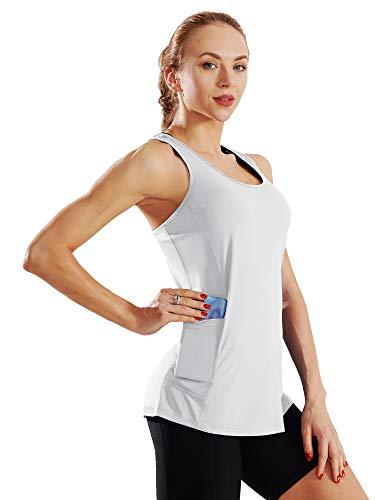 Neleus Women's Running Tank Tops 3 Pack Racerback Workout Yoga Shirts With Pockets,8069,Black/Grey/White,L #TOP4